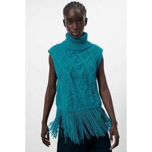 ZARA Sweater Vest Womens Size M Teal Blogger Favorite Fringe Knit Top NWT